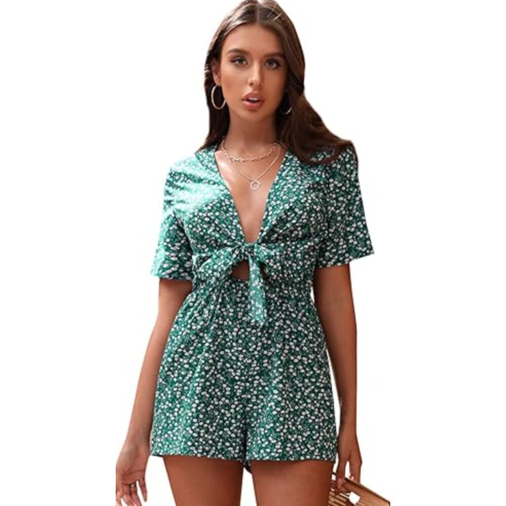 Women's Romper XL Green Floral Vneck Tie Front Playsuit Jumpsuit One Piece Short